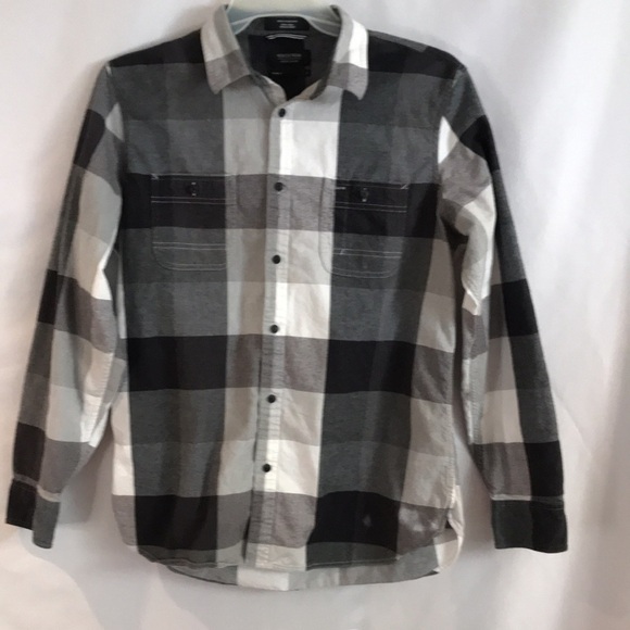 Nordstrom gray & white cotton checkered long sleeves button up shirt trim fit L - Picture 9 of 12